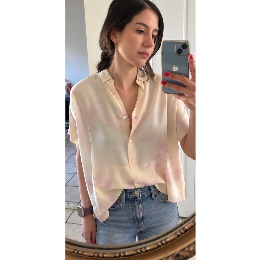 Everlane The Boxy Shirt Blouse 00 Ivory Lilac Pink Tie Dye Washable Silk NWOT
